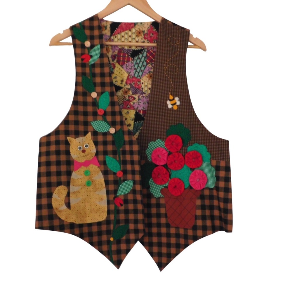 Vintage Patchwork Womens Vest Art to Wear Cat Flowers Novelty Sz Large
